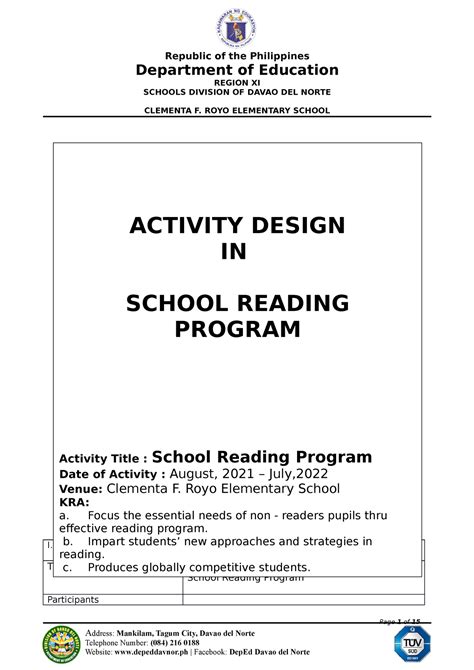Activity Design In Reading Program Republic Of The Philippines