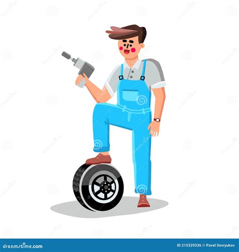 Tire Change Garage Car Service Worker Man Vector Stock Vector