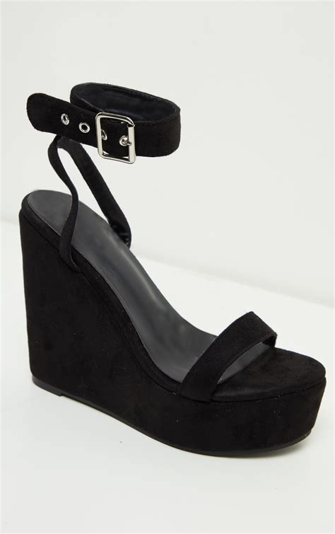Black Ankle Strap High Wedges Shoes Prettylittlething Usa