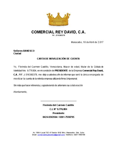 Doc Carta Movilizacion De Cuenta Comercial Rey David Ca