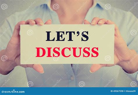 Businesswoman Hands Holding Card Sign With Let S Discuss Message Stock