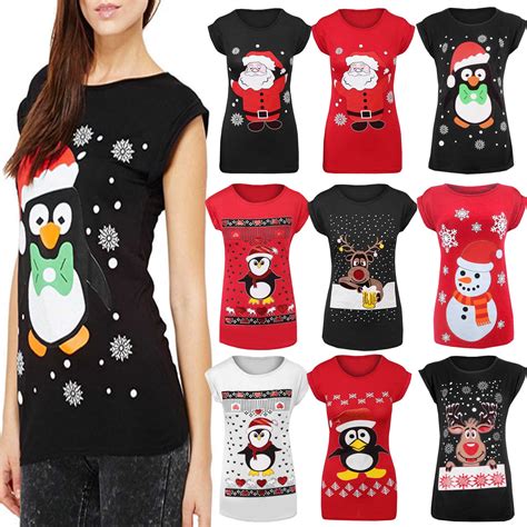 Womens Ladies Christmas Glitter T Shirt Reindeer Santa Snowman Print
