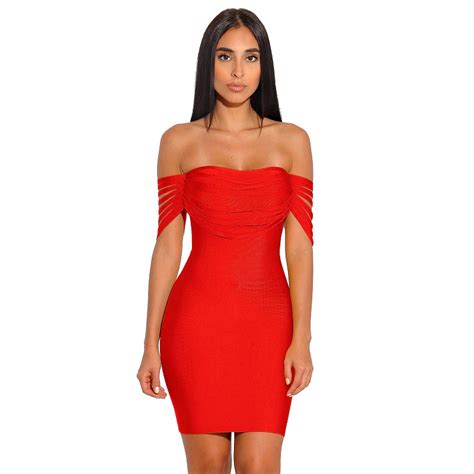 2018 newest style red sexy bandage dress fashion solid off shoulder strapless hollow out bodycon
