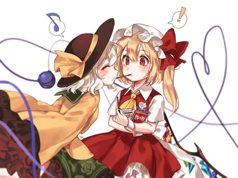 2girls Blonde Hair Blush Bow Dress Flandre Scarlet Food Hat Komeiji Koishi Long Hair Pocky Red