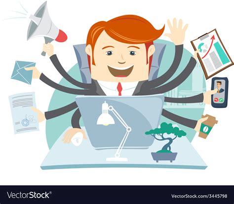 Very Busy Office Man Working Hard By Eight Hands Vector Image