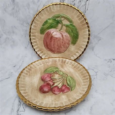 Vintage Hand Painted Ceramic Fruit Wall 2 Plates 1965 Cherries Apple