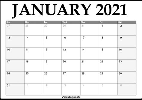 2021 January Calendar Printable Download Free Noolyo 1 Calendar