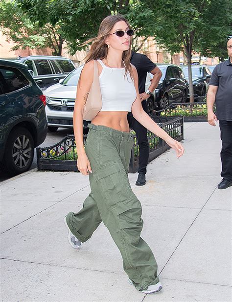 Hailey Bieber Rocks A White Crop Prime And Cargo Pants Stepping Out In Nyc Hollywood Life