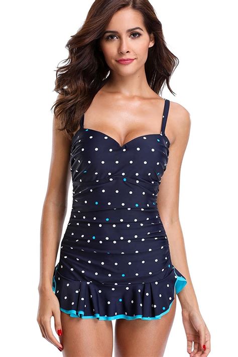 Womens Polka Dot One Piece Swimsuit With Skirt Swimdress Bathing Suit