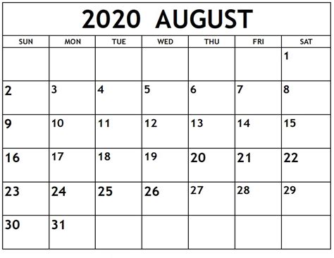 August 2020 Calendar Printable Monthly Templates