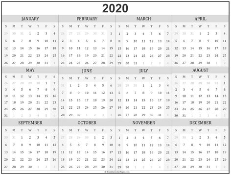2020 Year Calendar Yearly Printable