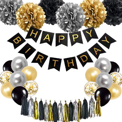 Buy Szhuiher Black And Gold Birthday Decoration Happy Birthday Banner Tissue Flower Party