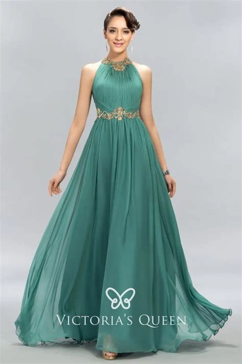 Pleated Jade Chiffon Formal Dress With Gold Appliques Vq