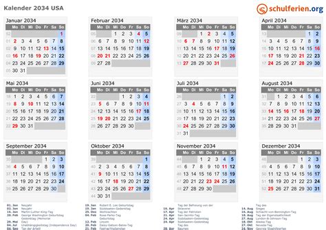 Kalender Usa 2034 Mit Feiertage
