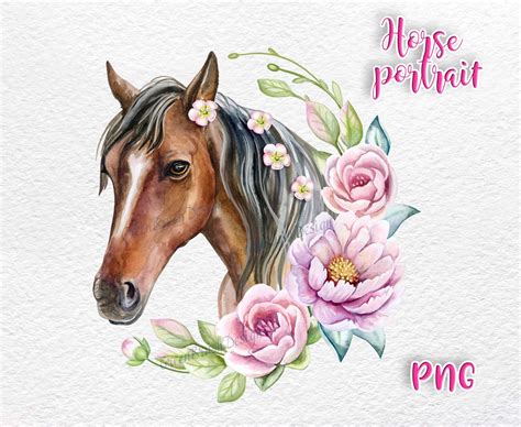 Horse Face With Flower Roses Frame Floral Wreath Watercolor Etsy