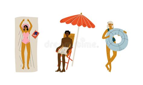 People Characters Having Summer Vacation On Sea Shore Wearing Swimsuit And Sunbathing Vector Set