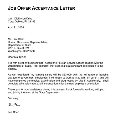 Job Offer Acceptance Letter Sample Pdf