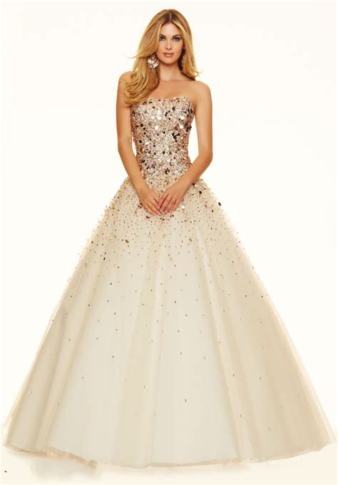 Designer Sparkly Gold Prom Dresses 2016 Ball Gown Strapless Sexy