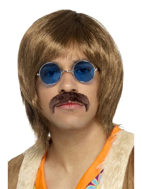 26 Brown 1960s Hippie Style Men Adult Halloween Kit With Wig Costume Accessory One Size