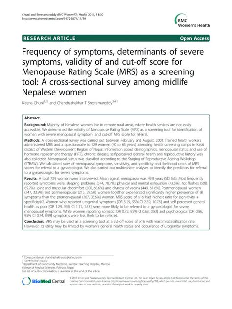 Pdf Frequency Of Symptoms Determinants Of Severe Symptoms Validity Of And Cut Off Score For