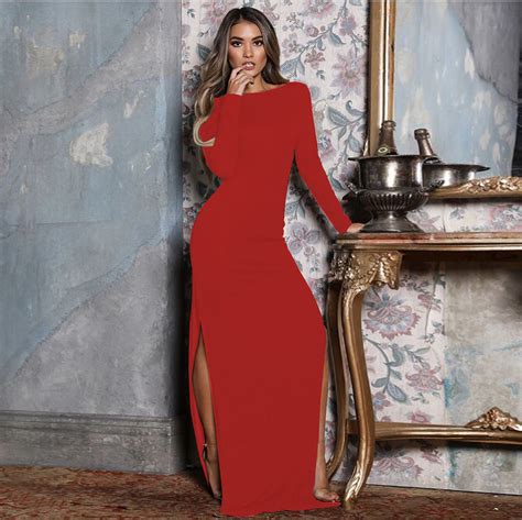 Women Slim Maxi Dress Sexy Long Sleeve Backless Split Bodycon Long Night Club Party Dress Red On