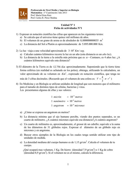 1 Unidad Nº 1 Ficha De Actividades N°1 1 Expresar En Notación