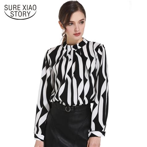 Fashion Black White Striped Women Blouse Shirt Stand Neck Office Blouse
