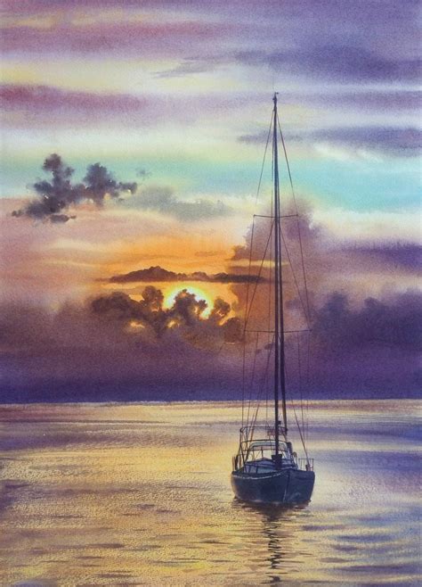 Sailboat Yacht Art Seascape Sea And Sky Yacht Sunset Watercolour By Olga