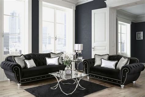 Negrini Elegant Modern Black Velvet Living Room Set With Crystal