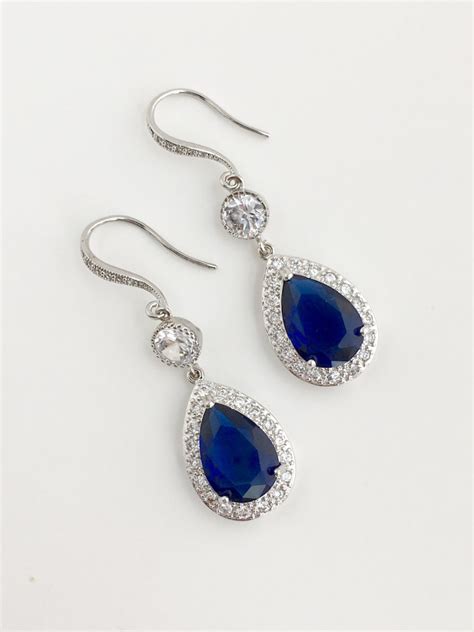 Sapphire Blue Bridal Earrings Blue Wedding Cubic Zirconia Etsy