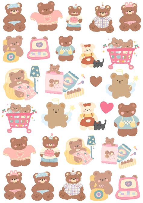 Aesthetic Sticker Pack Template Korean Printable Cute Bear In Our Heart Thiệp Thiệp Giấy