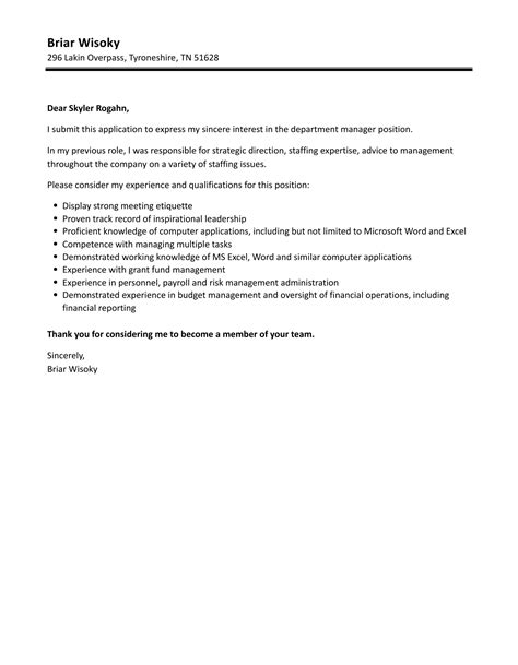 Department Manager Cover Letter Velvet Jobs