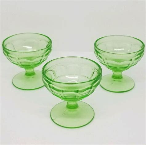 Vintage Green Depression Glass Set Of 3 Dessert Cups On Pedestals 3 Ebay