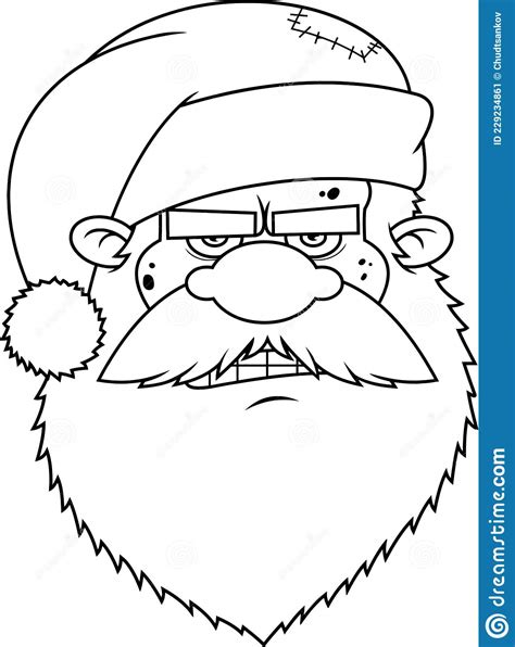Outlined Angry Bad Santa Claus Face Portrait Cartoon Character With