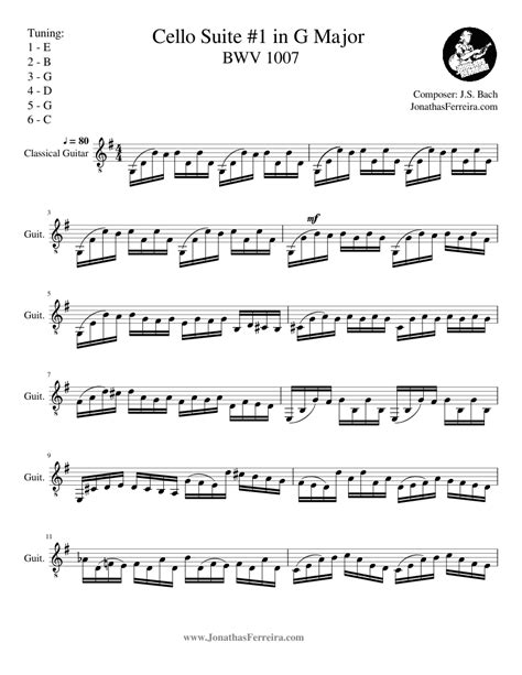 J S Bach Cello Suite 1 In G Major Bwv 1007 Sheet Music For Guitar