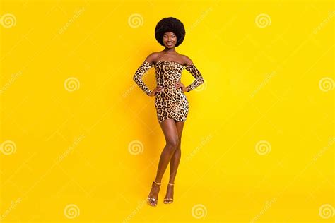 Full Length Body Size Photo Smiling Girl Leopard Dress High Heels Isolated Vibrant Yellow Color