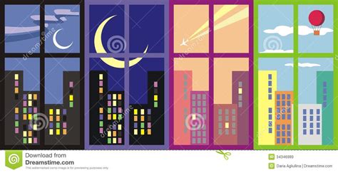 During daylight saving time, one hour is added. City Windows In Different Time Of Day Stock Vector ...