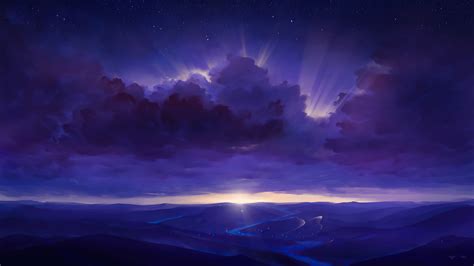 Purple Rays Sky Stars Digitalart River 4k Wallpaperhd Artist