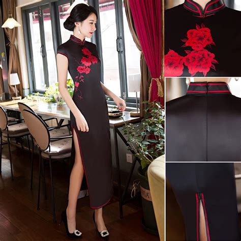 Chinese Traditional Dress Womens Sexy Cheongsam Qipao Short Sleeve Cocktail Black Long Flower