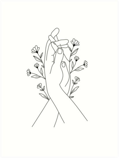 New users enjoy 60% off. "Hands Holding Flower Minimal Line Art" Art Print by ...