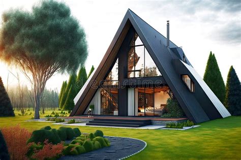 Beaful Modern House With Triangle Roof With Flat Paths And Lawns Stock