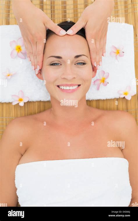 Smiling Brunette Enjoying A Head Massage Stock Photo Alamy