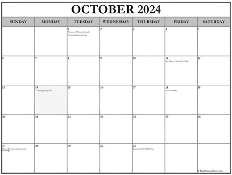 October 2024 With Holidays Calendar