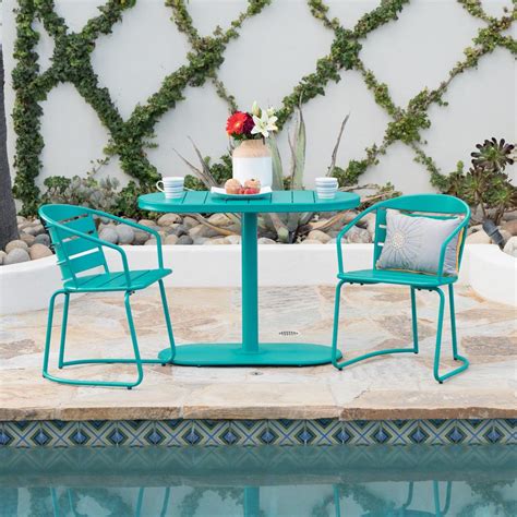 Noble House Matte Teal 3 Piece Metal Oval Outdoor Bistro Set 303409