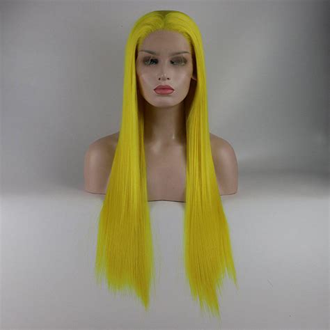 34 Off Light Yellow Long Straight Heat Resistant Synthetic Hair Lace