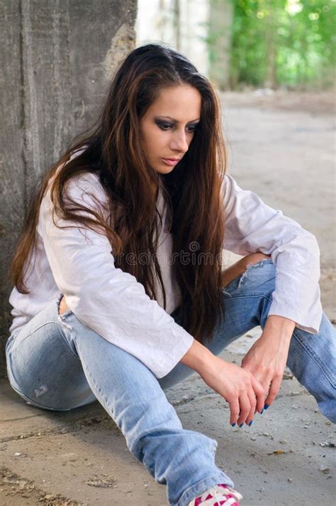 Depressed Young Girl Sitting On The Concrete Floor Stock Image Image Of Depression Attractive
