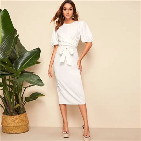 Shein Elegant White Solid Lantern Sleeve Wrap Belted Pencil Long Dress Women Summer Zip Back