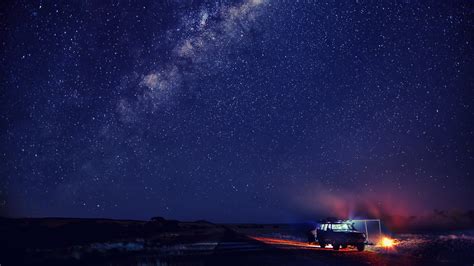 Blue Sky With Stars And A Car On Side Of Road During Nighttime Hd Space