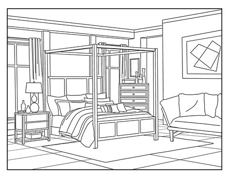 Bedroom Interior Design Drawing Sketch Coloring Page