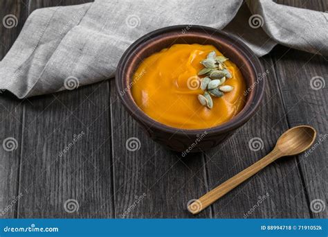 Pumpkin Cream Soup In A Clay Bowl Stock Photo Image Of Lunch